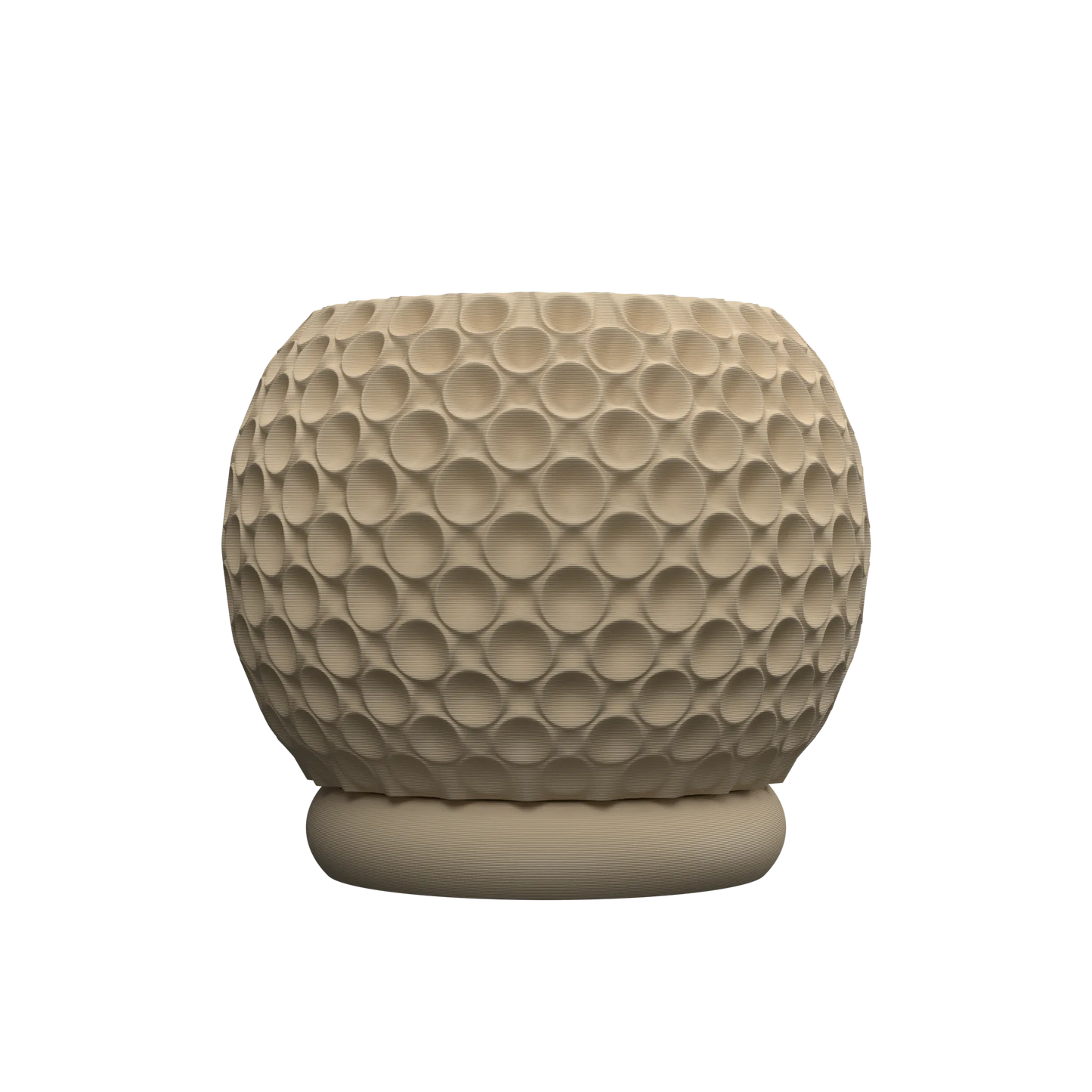 Pot décoratif beige clair rond avec texture en relief de bulles sur toute la surface, base plate et lisse.