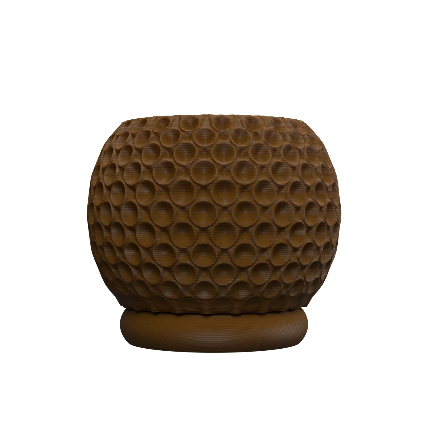 Pot décoratif marron à surface texturée avec motif de bulles rondes en relief, forme arrondie sur pied circulaire.