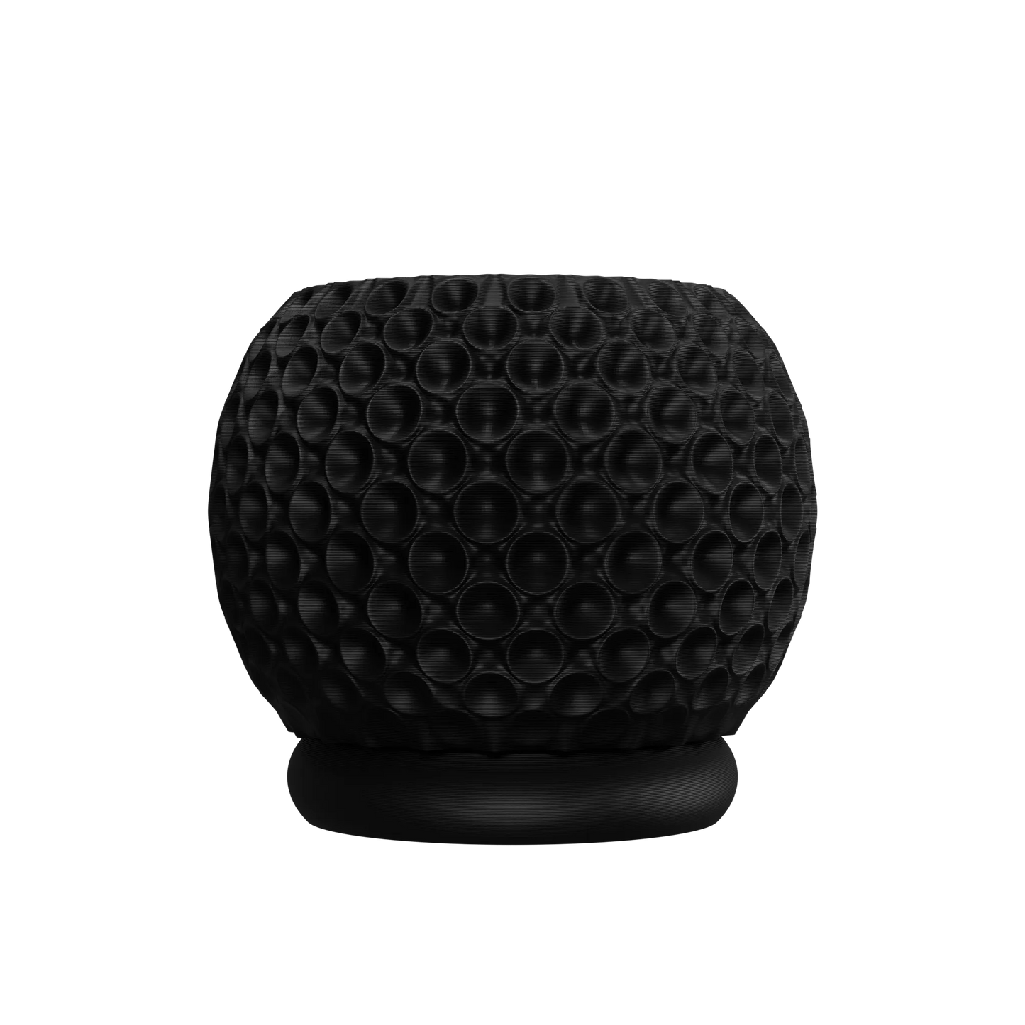 Pot décoratif noir mat avec surface texturée en relief de formes sphériques, base circulaire plate.