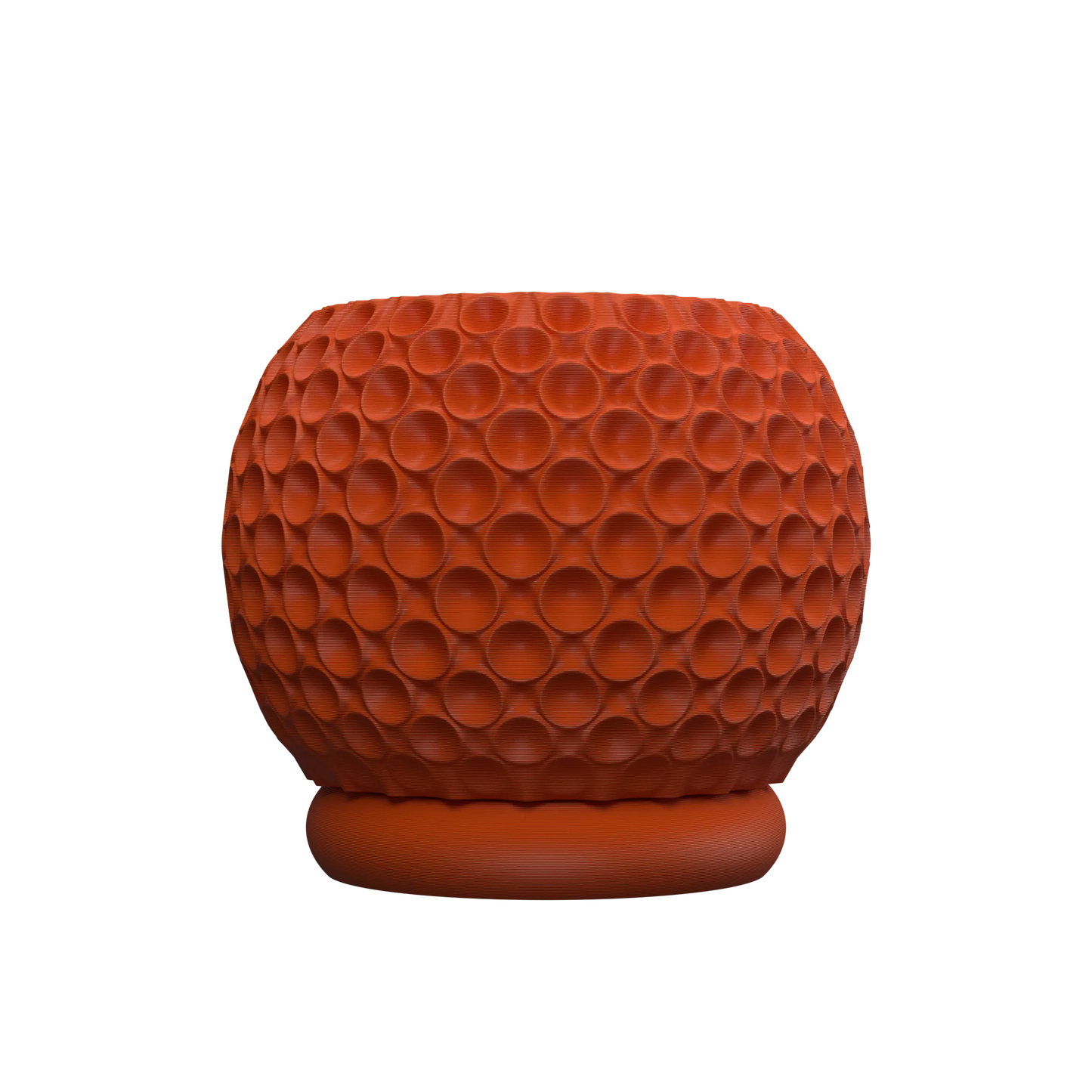 Pot décoratif rond en terre cuite rouge, surface texturée avec motifs de bulles creusées, base légèrement arrondie.