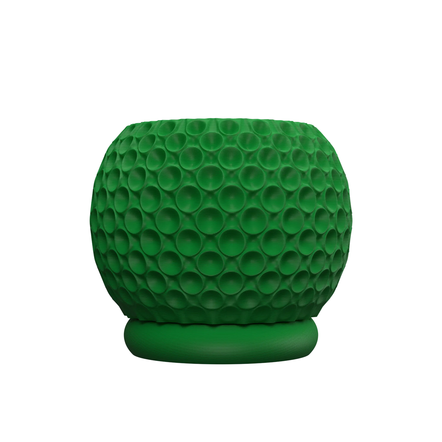 Pot décoratif vert foncé avec surface texturée en relief composée de bulles concaves, forme arrondie et base plate.