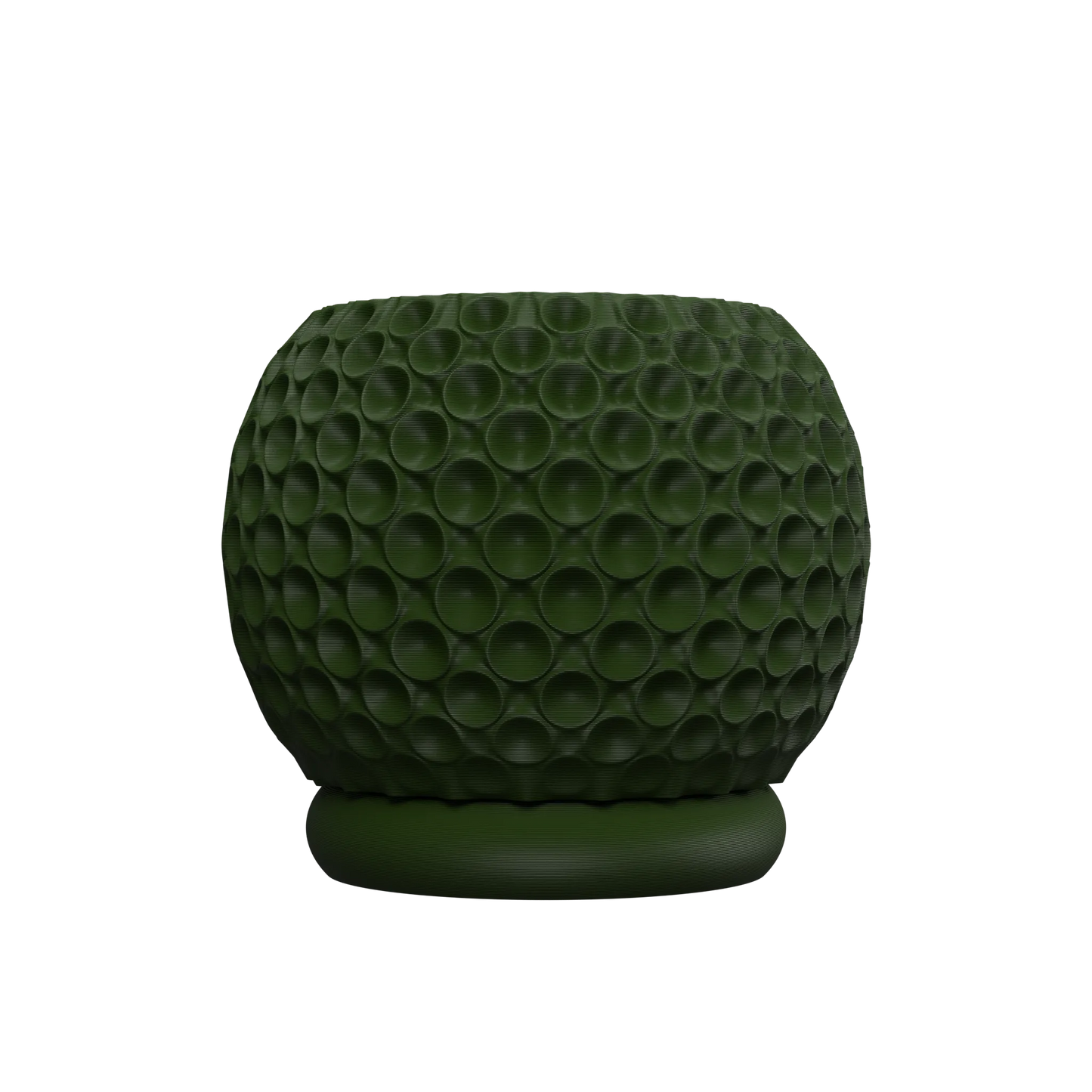 Pot décoratif vert foncé avec surface texturée en relief formant des bulles arrondies, base circulaire lisse.