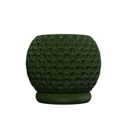 Pot décoratif vert foncé avec surface texturée en relief formant des bulles arrondies, base circulaire lisse.