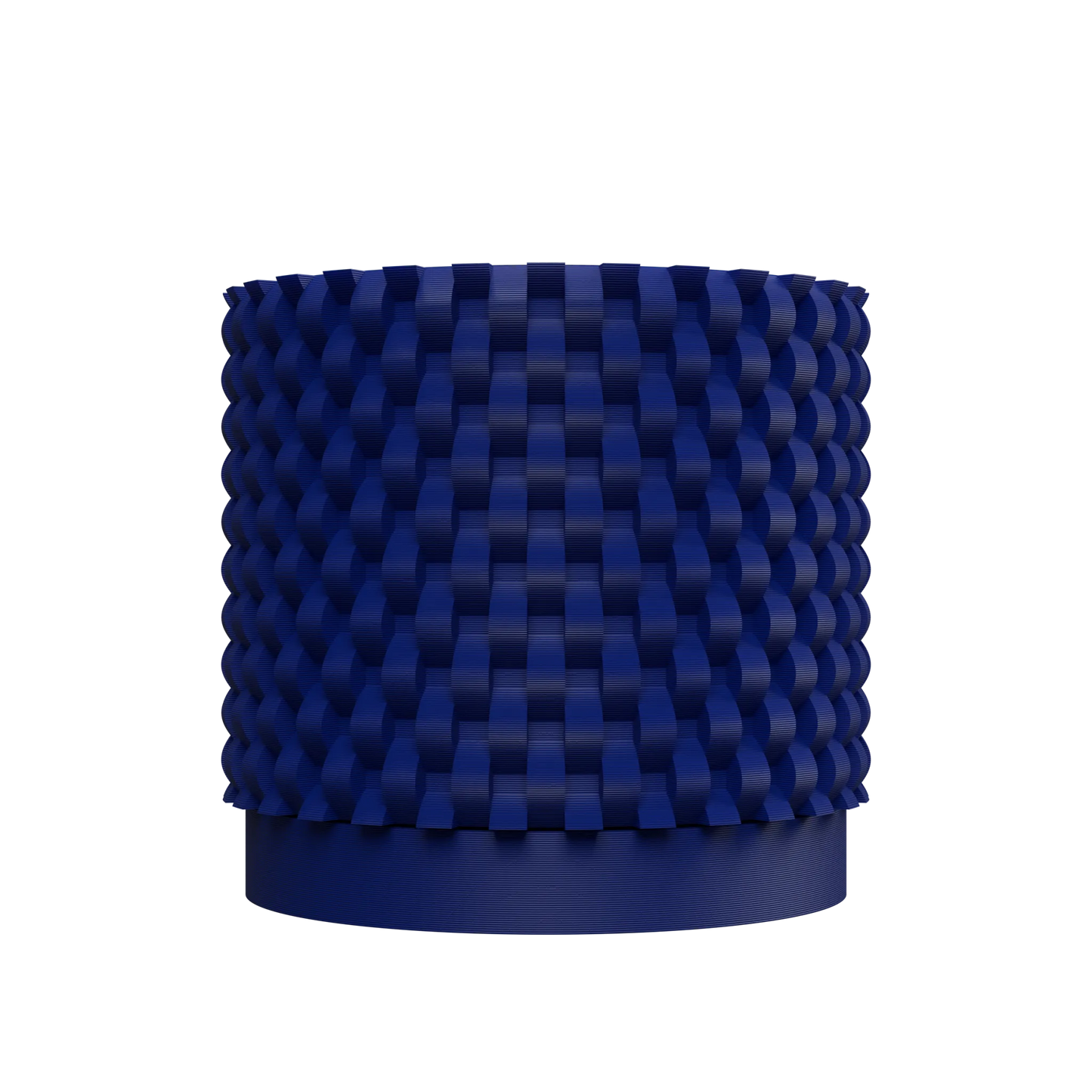 Pot décoratif bleu marine cylindrique avec texture en relief de petits carrés enchevêtrés sur toute la surface.