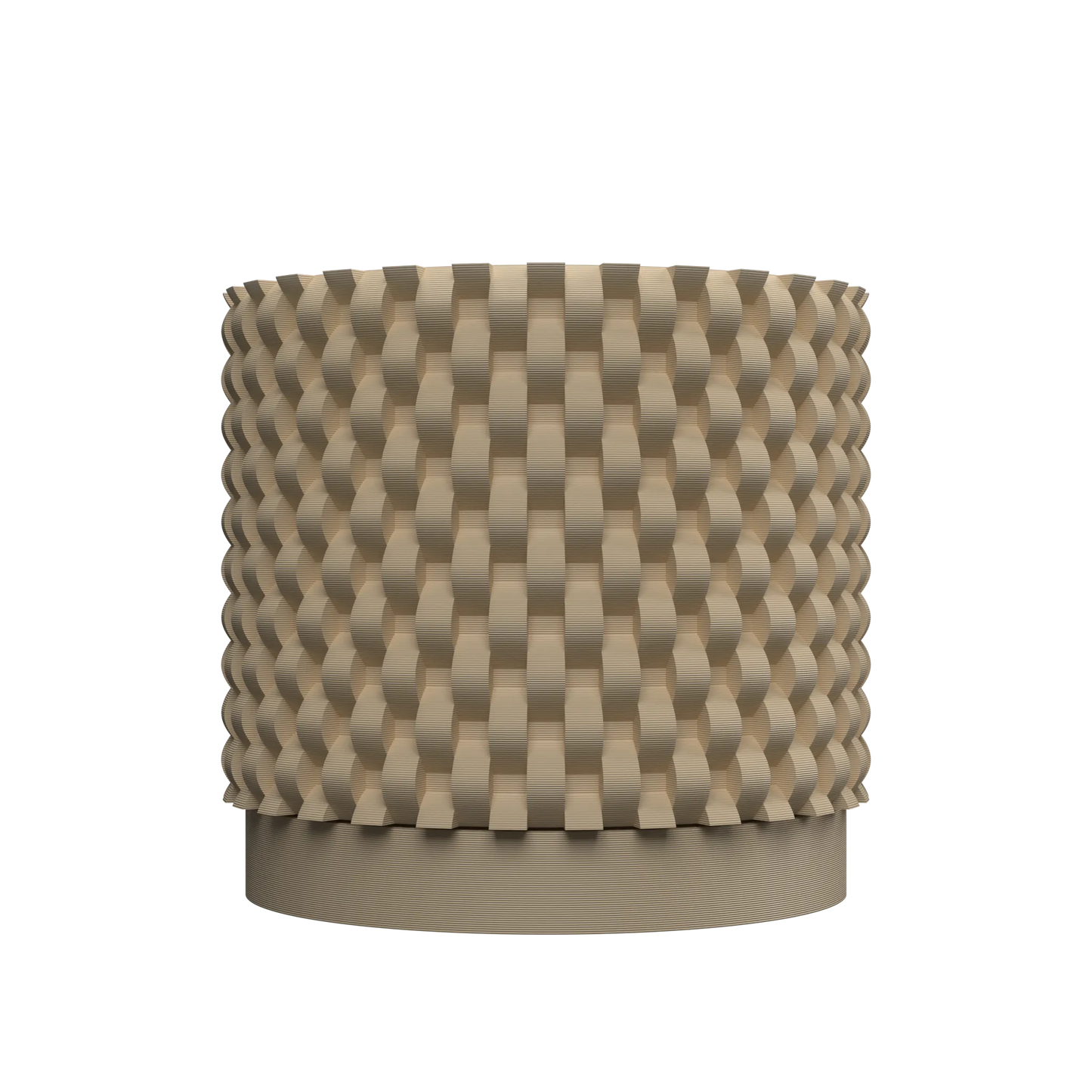 Pot décoratif moderne beige avec motif tressé en relief, forme cylindrique et base lisse.