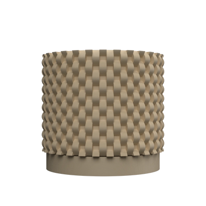 Pot décoratif moderne beige avec motif tressé en relief, forme cylindrique et base lisse.