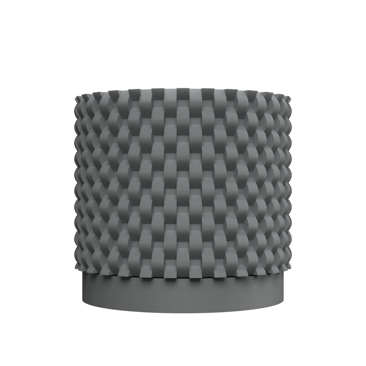 Pot décoratif gris anthracite à motif géométrique en relief, finition mate et structure cylindrique robuste.