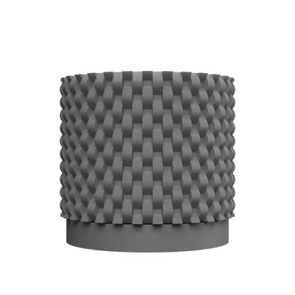 Pot décoratif gris anthracite à motif géométrique en relief, finition mate et structure cylindrique robuste.