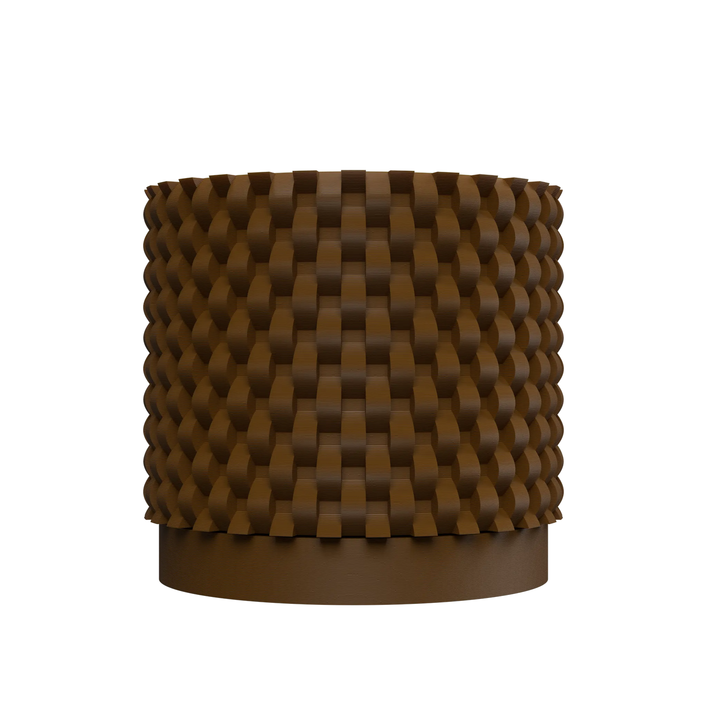 Pot décoratif marron foncé avec texture tressée en relief et base lisse ronde.