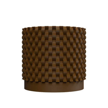 Pot décoratif marron foncé avec texture tressée en relief et base lisse ronde.