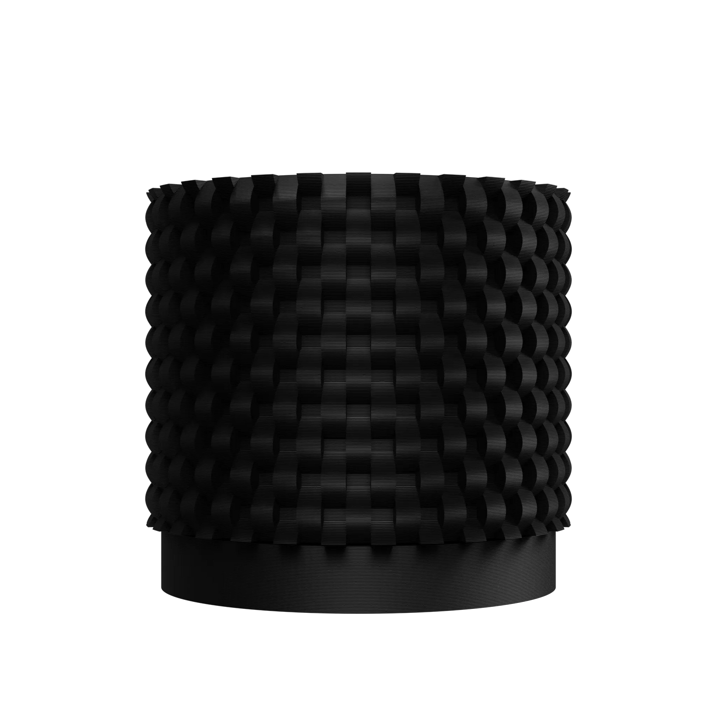 Pot décoratif noir mat avec relief en motif quadrillé en relief, forme cylindrique moderne.