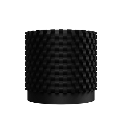 Pot décoratif noir mat avec relief en motif quadrillé en relief, forme cylindrique moderne.