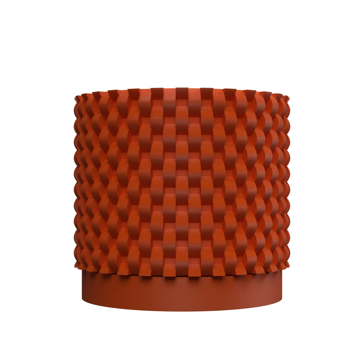 Pot décoratif carré en plastique orange avec motif tressé en relief, base lisse circulaire.