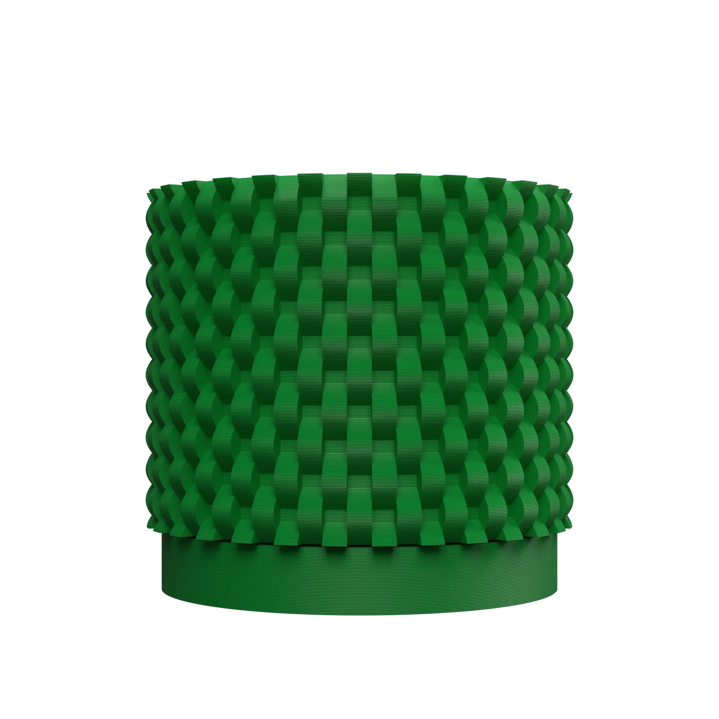 Pot décoratif vert en plastique avec surface texturée en relief en motifs géométriques carrés, forme cylindrique.