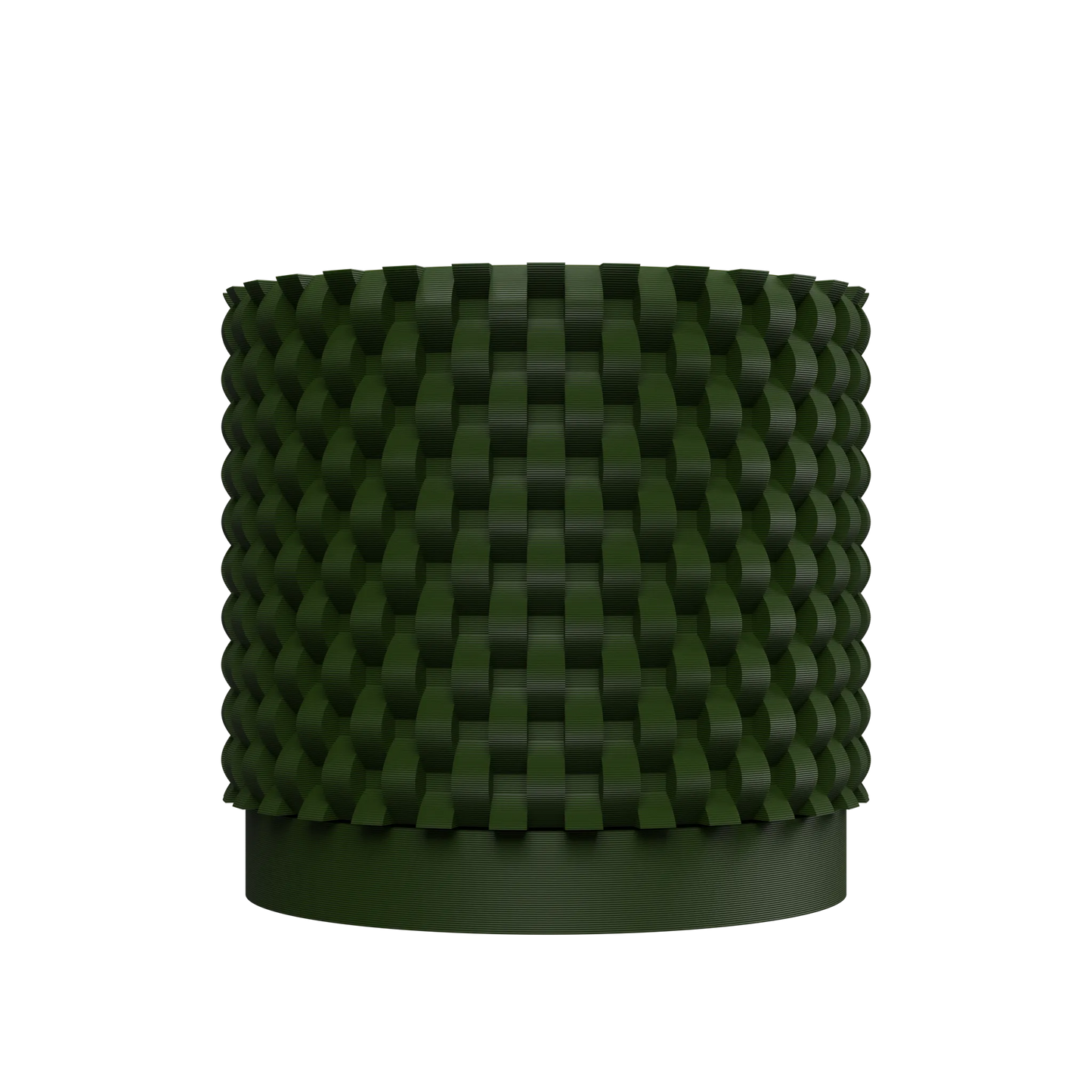 Pot décoratif vert foncé cylindrique avec surface en relief en motifs carrés tridimensionnels modernes.
