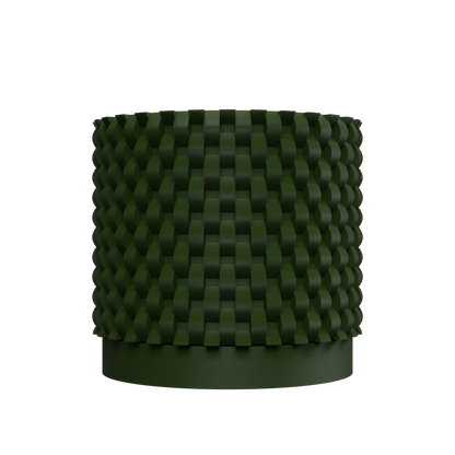 Pot décoratif vert foncé cylindrique avec surface en relief en motifs carrés tridimensionnels modernes.