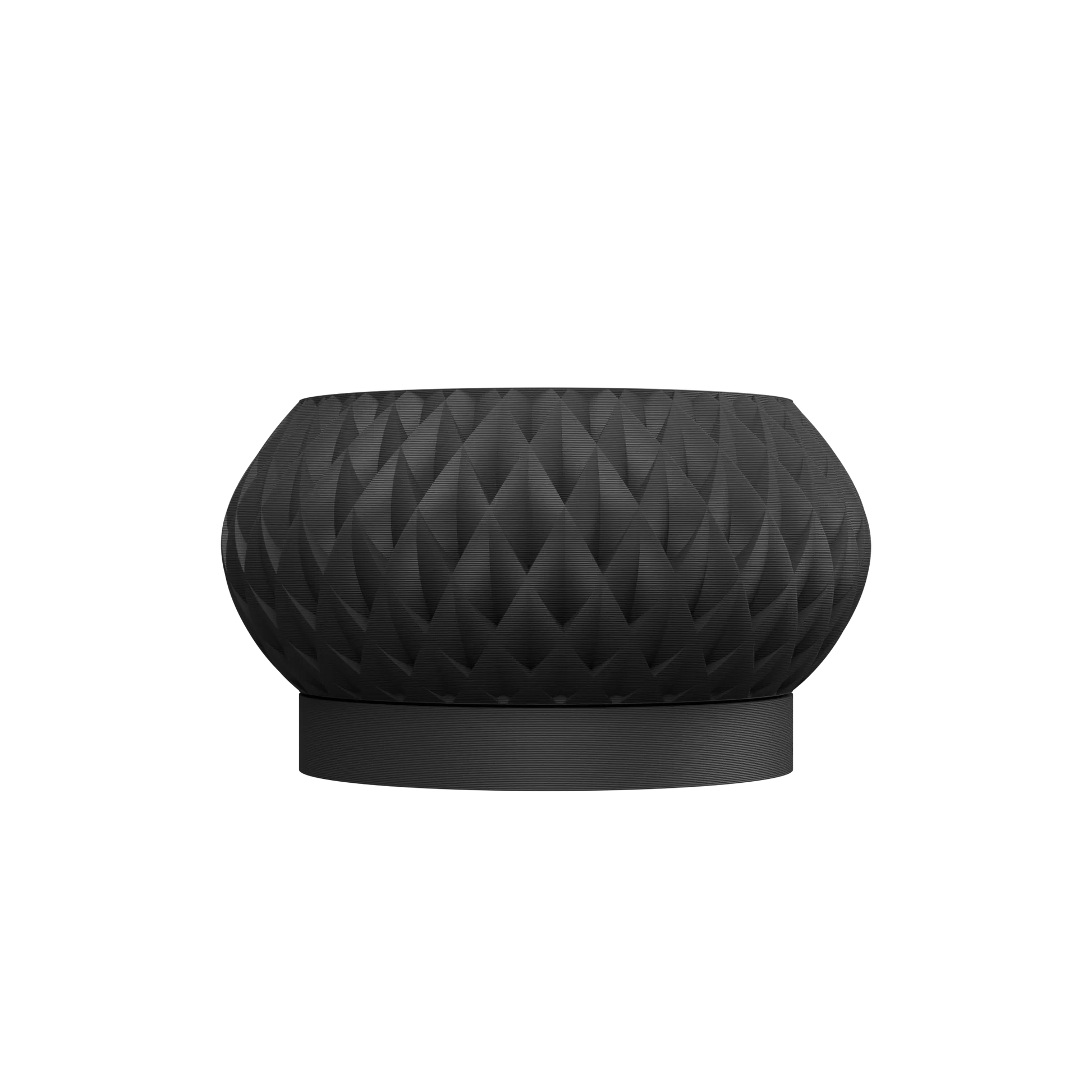 Pot décoratif noir mat avec surface texturée en motif géométrique tridimensionnel et base cylindrique lisse.