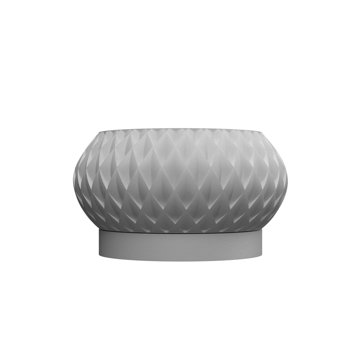 Pot décoratif gris clair en matériau moderne, forme ronde et bombée avec surface texturée en motifs géométriques.
