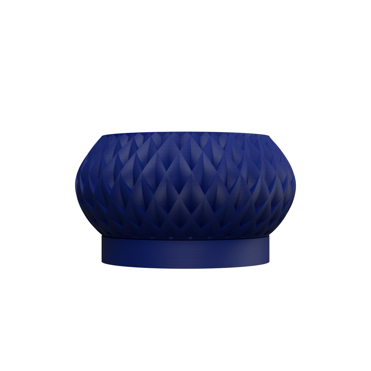 Pot décoratif bleu marine en plastique moderne avec surface texturée en relief géométrique, forme arrondie évasée sur un.