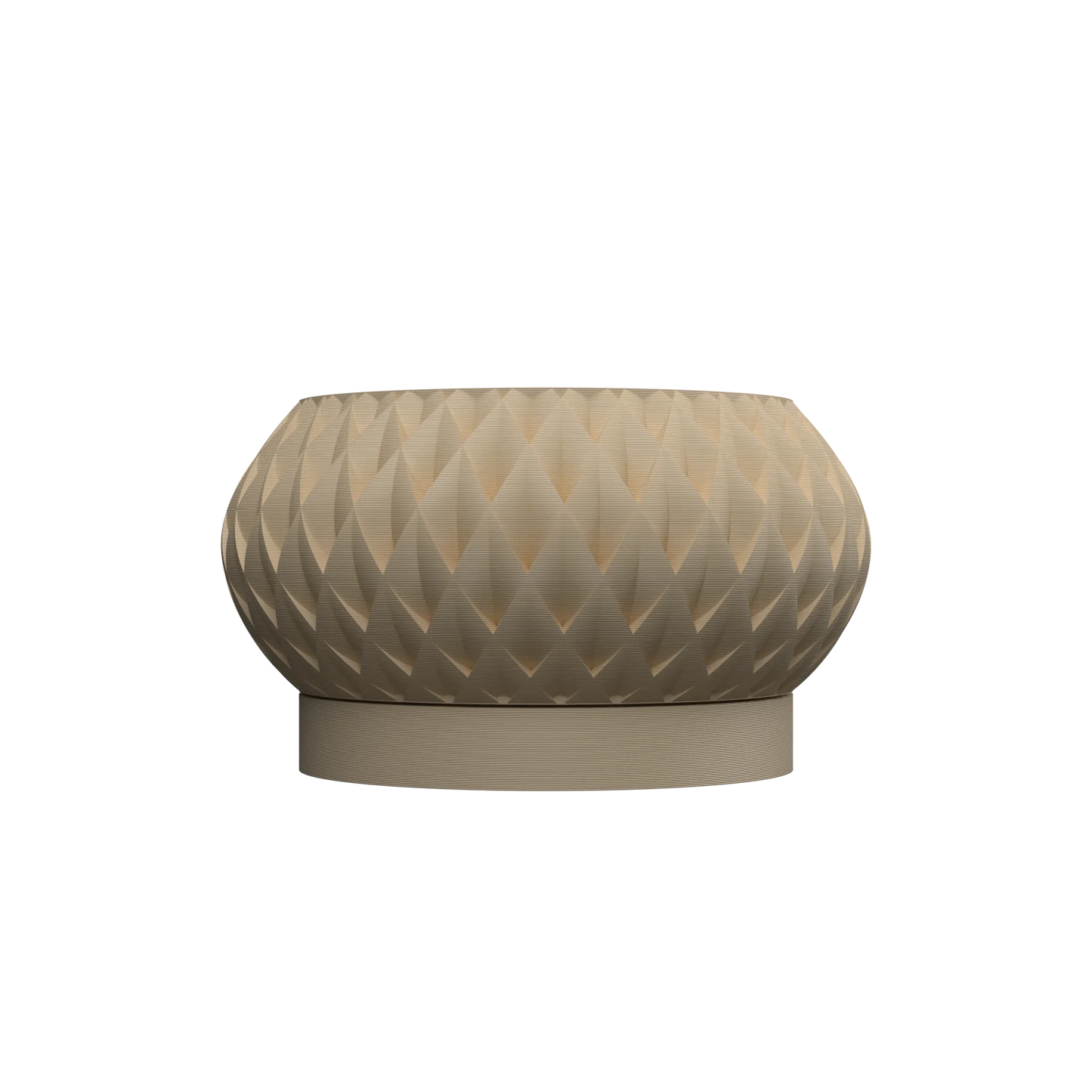 Pot décoratif beige en matériau moderne avec motif géométrique en relief et base circulaire lisse.