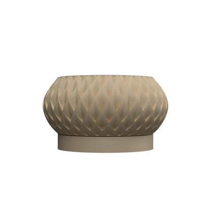 Pot décoratif beige en matériau moderne avec motif géométrique en relief et base circulaire lisse.