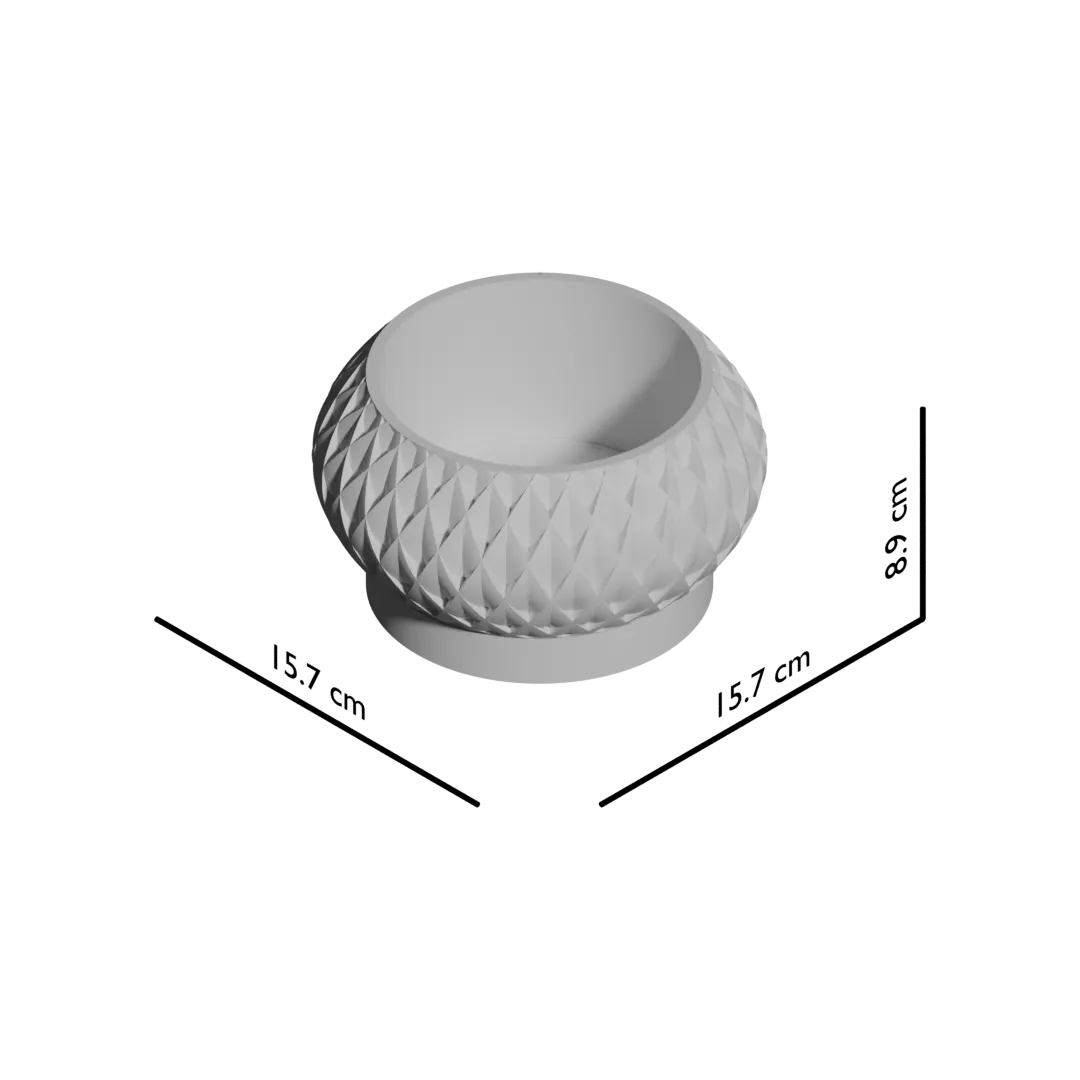 Pot décoratif rond blanc avec surface texturée en losanges en relief et base plate lisse.