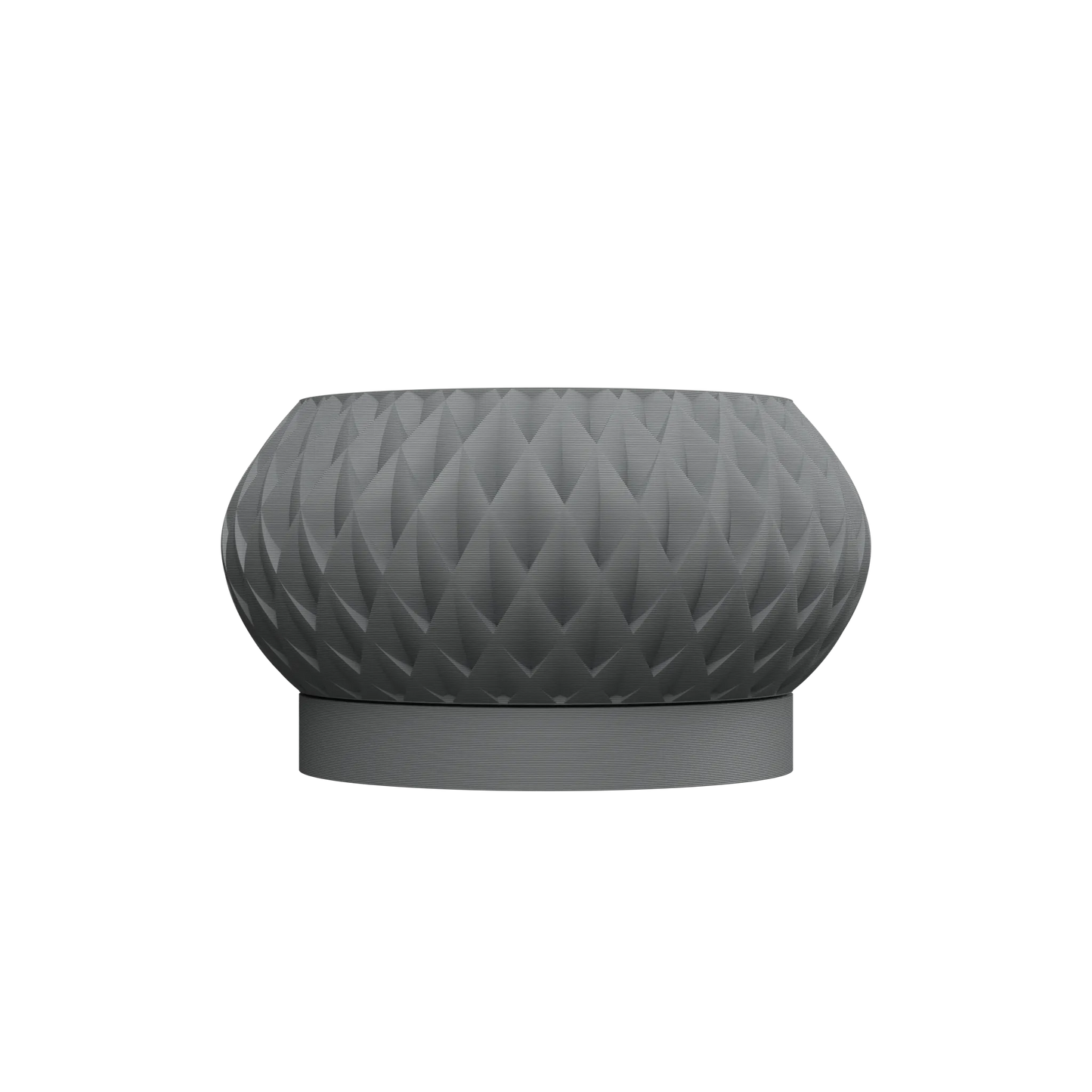 Pot décoratif gris mat avec texture géométrique en relief, forme arrondie et base stable.