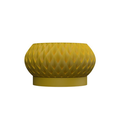 Pot décoratif jaune moutarde en matériau durable aux motifs géométriques en relief, design contemporain et forme arrondie.