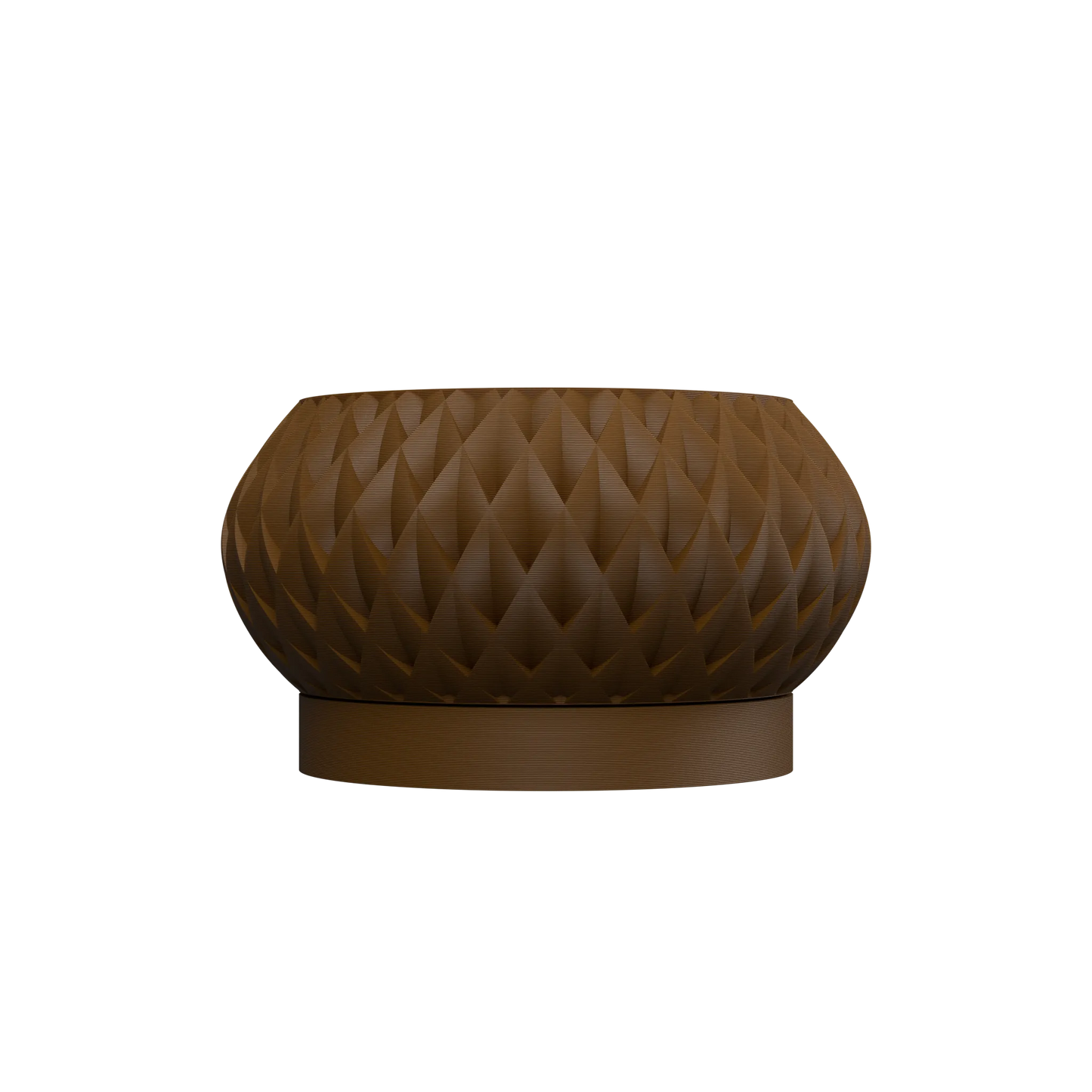 Pot décoratif brun en forme arrondie avec surface texturée en motif losange et base lisse circulaire.