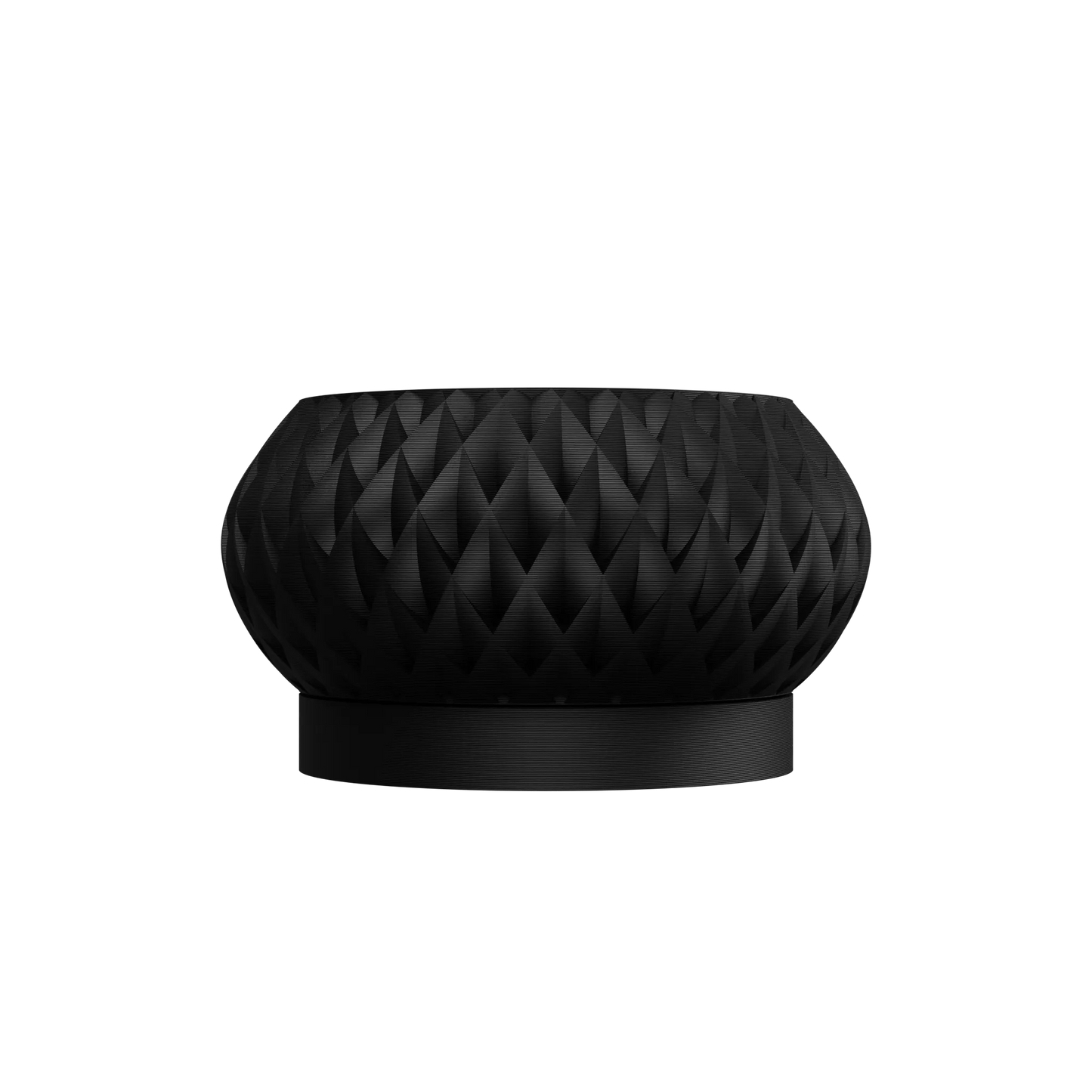 Pot décoratif noir mat à surface texturée en motif géométrique en relief, forme ronde et évasée avec base lisse.