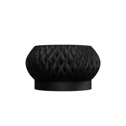 Pot décoratif noir mat à surface texturée en motif géométrique en relief, forme ronde et évasée avec base lisse.