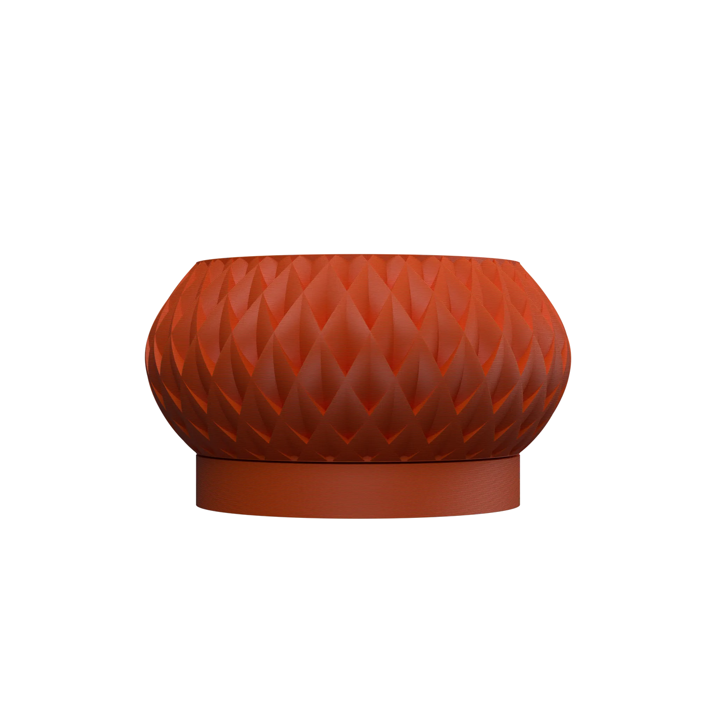 Pot décoratif rond couleur terracotta avec surface sculptée en motifs géométriques en relief sur pied plat uniforme.