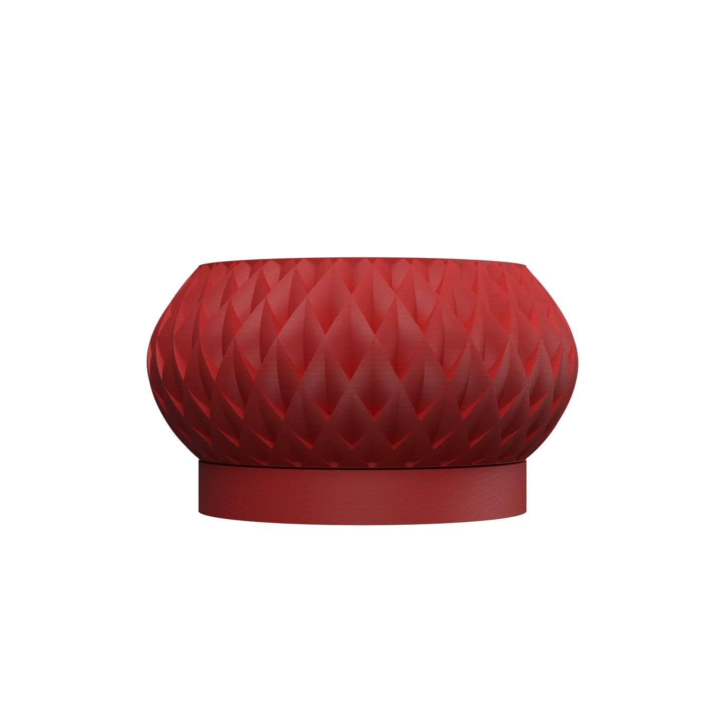 Pot décoratif rouge vif avec texture géométrique en relief, forme ronde et base plate lisse.