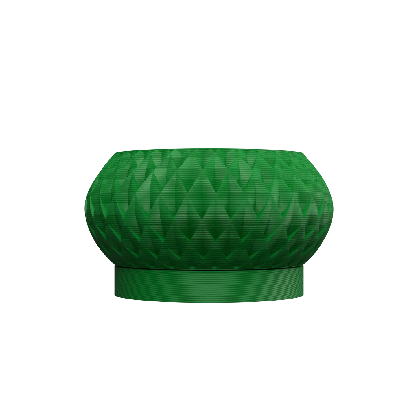 Pot décoratif vert foncé avec texture géométrique en relief, forme ronde et base plate.