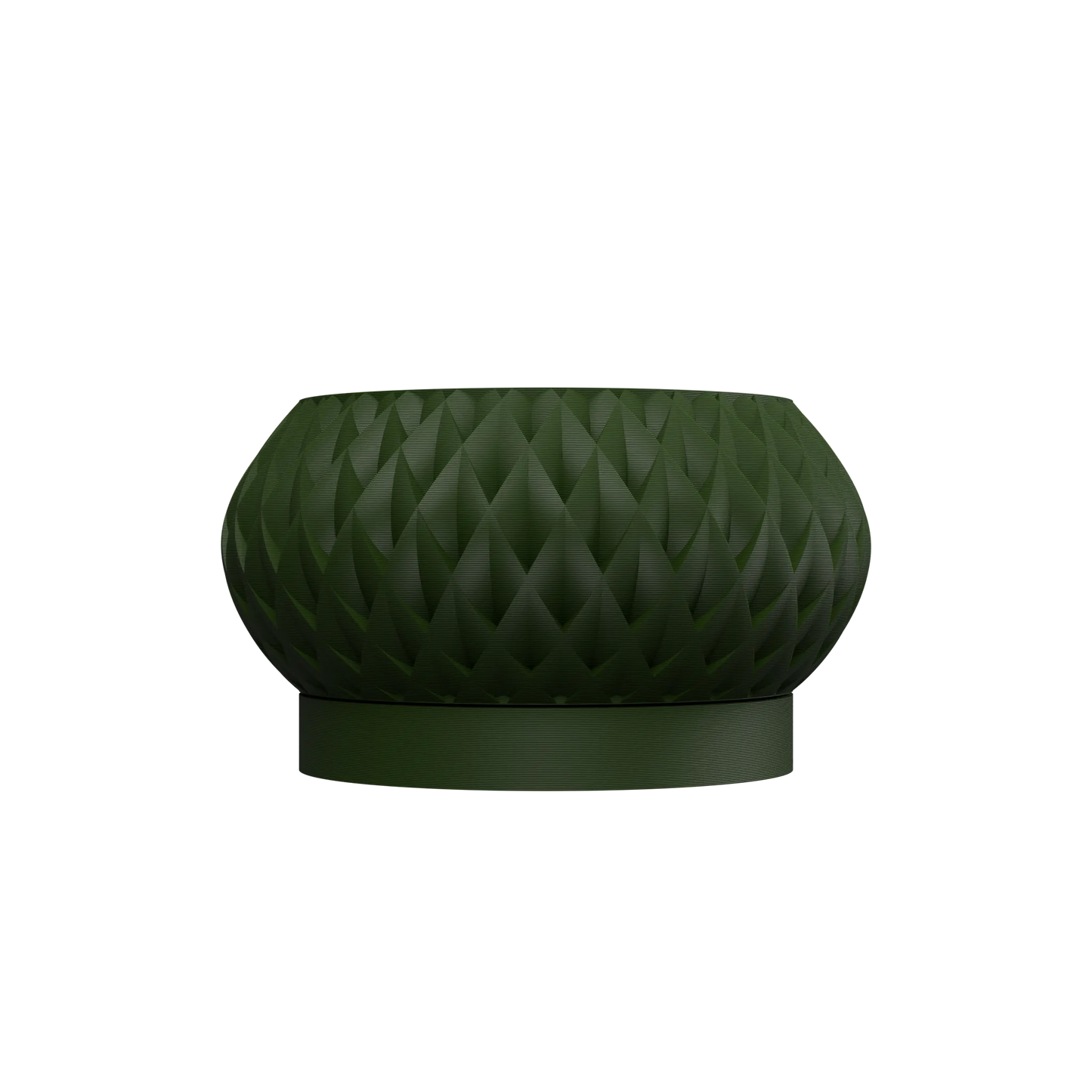 Pot décoratif vert foncé avec surface texturée en relief triangulaire et base circulaire lisse.