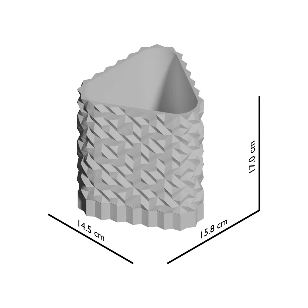 Pot décoratif contemporain anthracite en matériau durable avec surface texturée géométrique en relief.