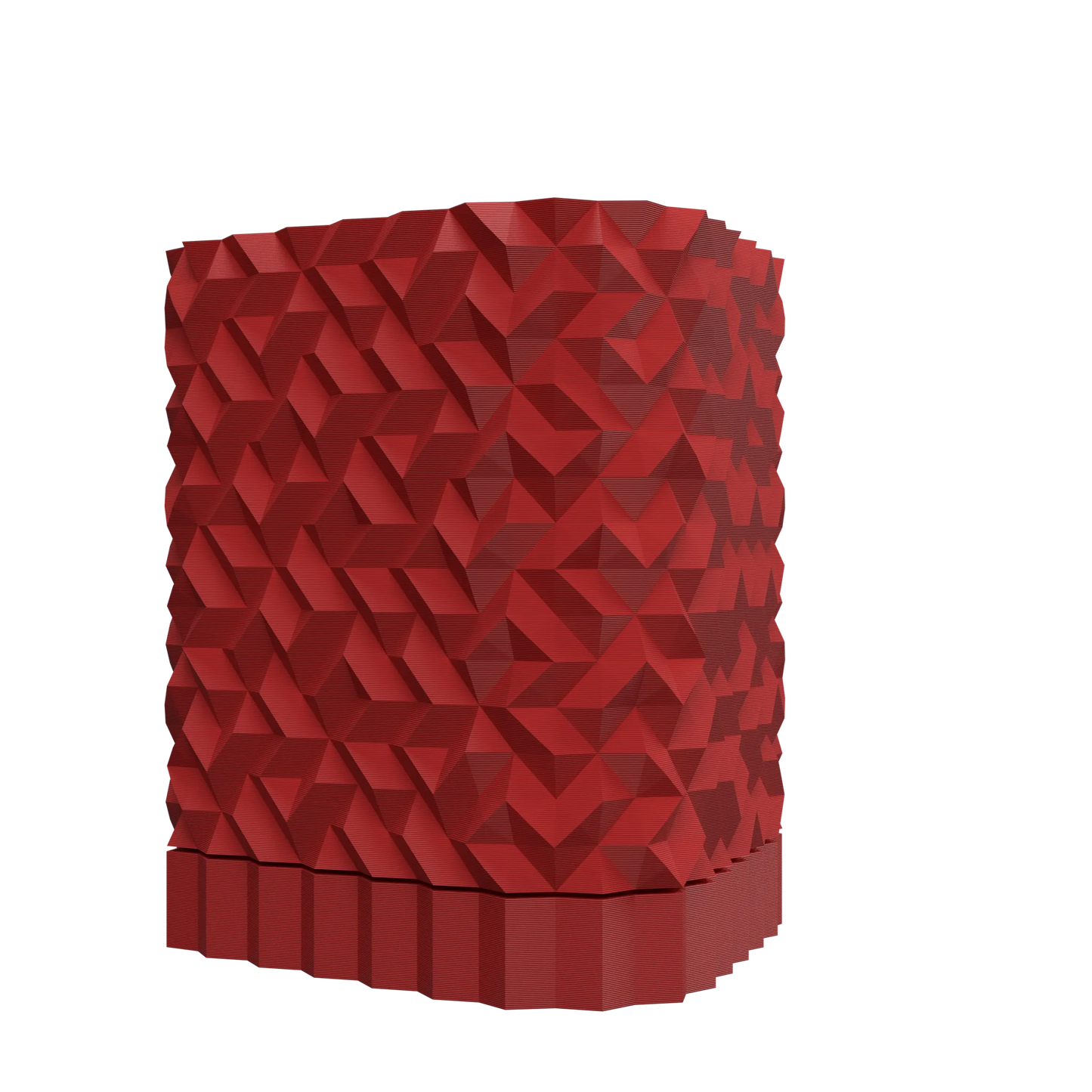 Pot décoratif rouge avec surface géométrique texturée en design contemporain durable.