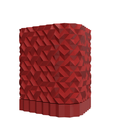 Pot décoratif rouge avec surface géométrique texturée en design contemporain durable.