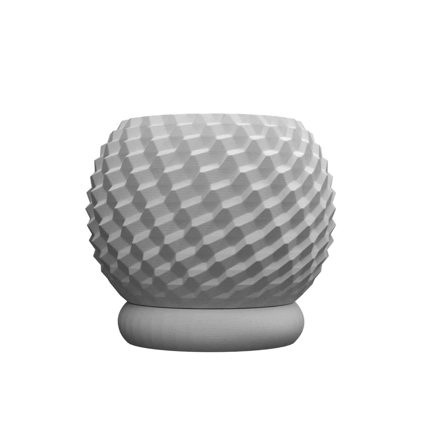 Pot décoratif gris clair mat avec texture en relief géométrique en forme de losanges, base ronde légèrement surélevée,.