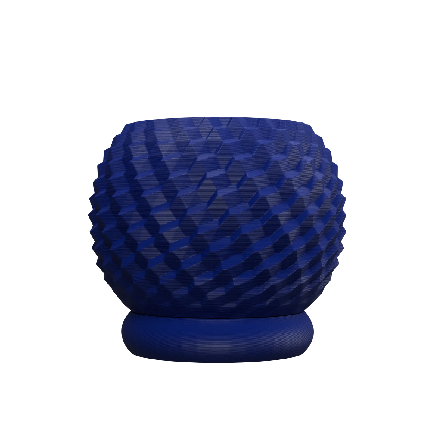 Pot décoratif bleu foncé avec surface texturée en relief géométrique et base ronde épaisse.