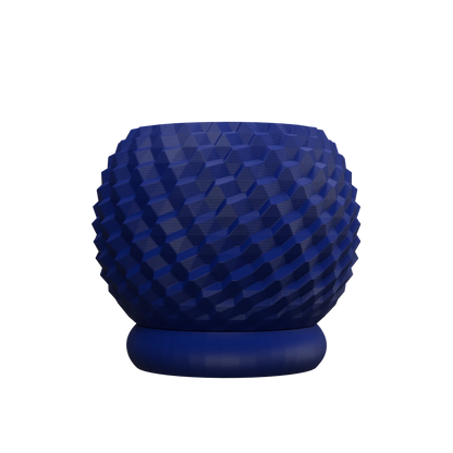 Pot décoratif bleu foncé avec surface texturée en relief géométrique et base ronde épaisse.