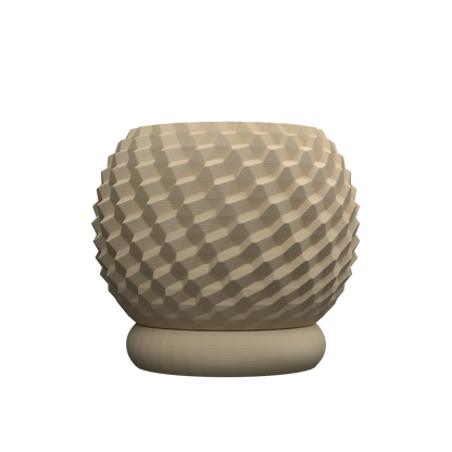 Pot décoratif beige clair à surface texturée en forme de motifs hexagonaux en relief, base ronde plate.