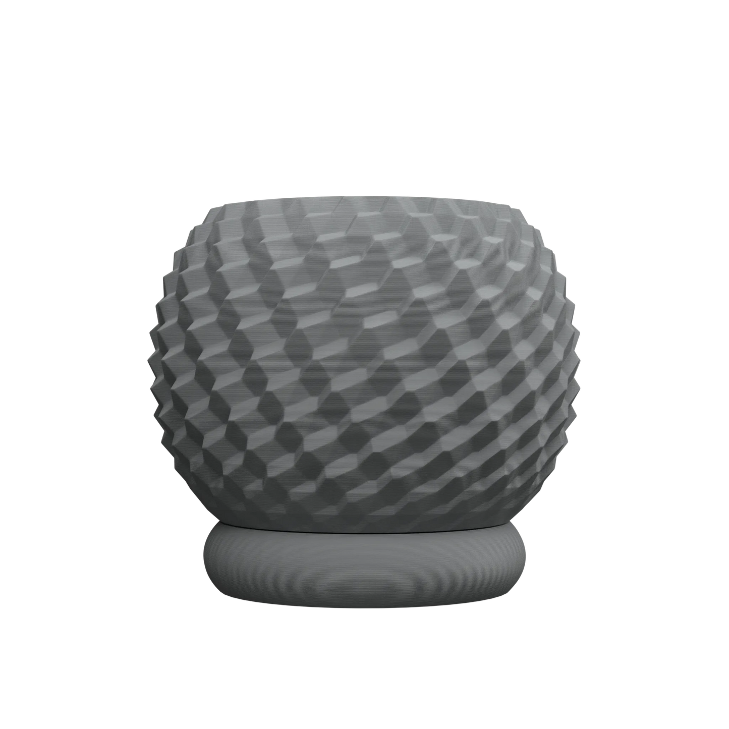 Pot décoratif gris foncé en matière mate avec surface texturée en relief géométrique, base ronde plate.