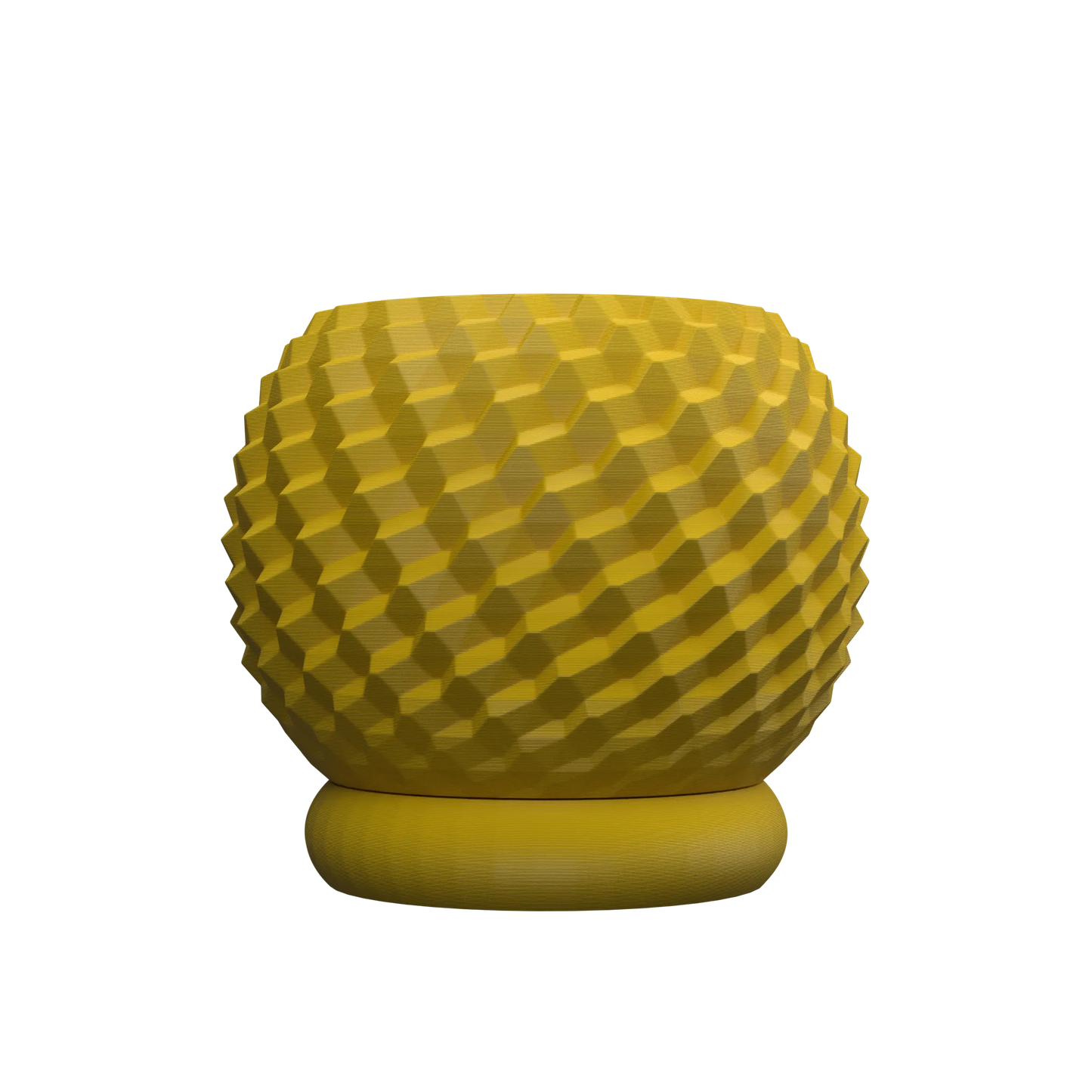 Pot décoratif rond jaune moutarde avec texture géométrique en relief et base cylindrique lisse.