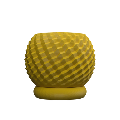 Pot décoratif rond jaune moutarde avec texture géométrique en relief et base cylindrique lisse.