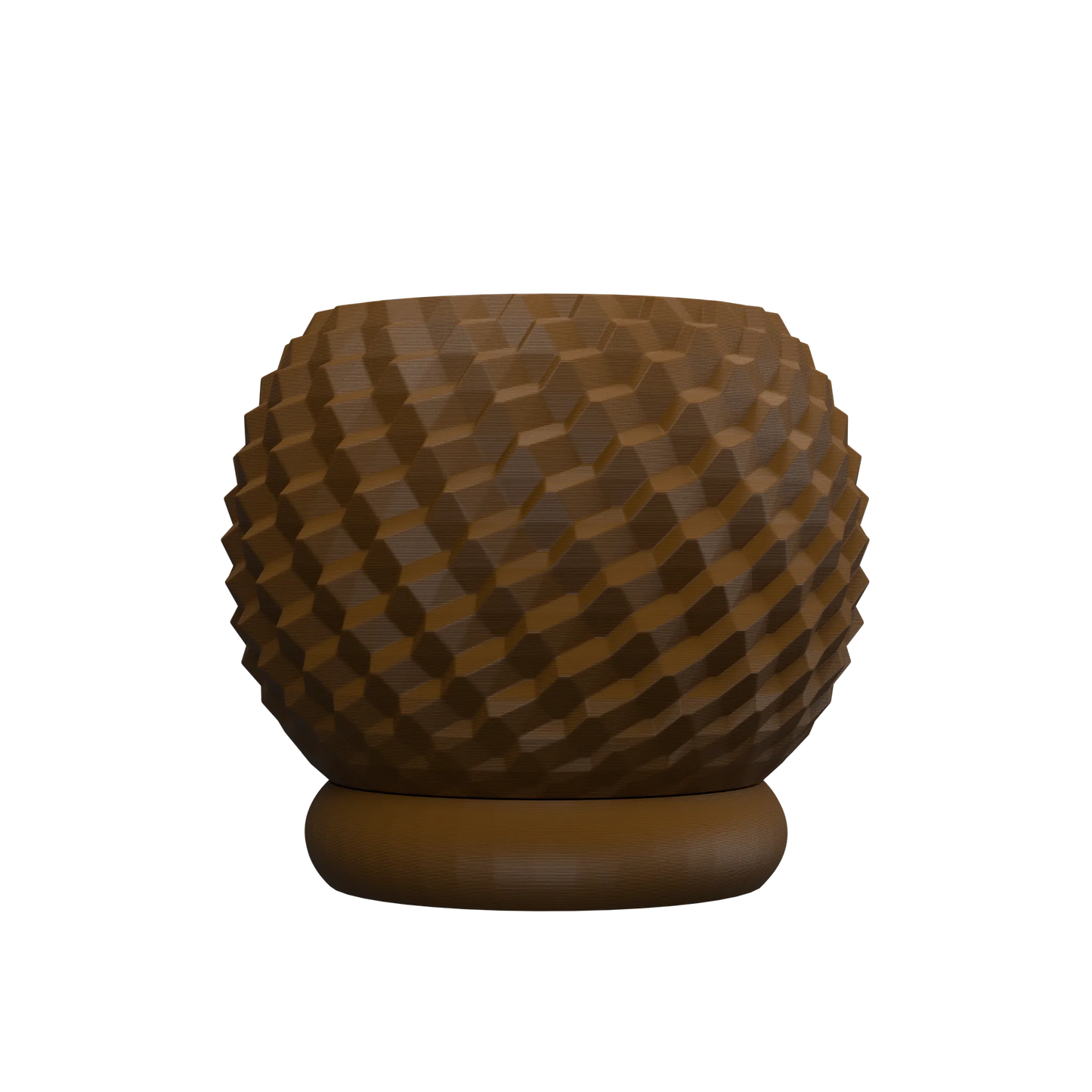 Pot décoratif marron à motif géométrique en relief, forme ronde et base circulaire plate, style moderne.