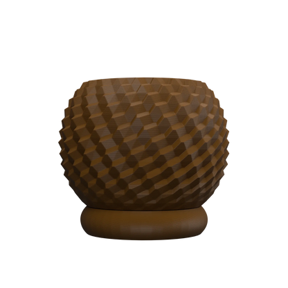 Pot décoratif marron à motif géométrique en relief, forme ronde et base circulaire plate, style moderne.