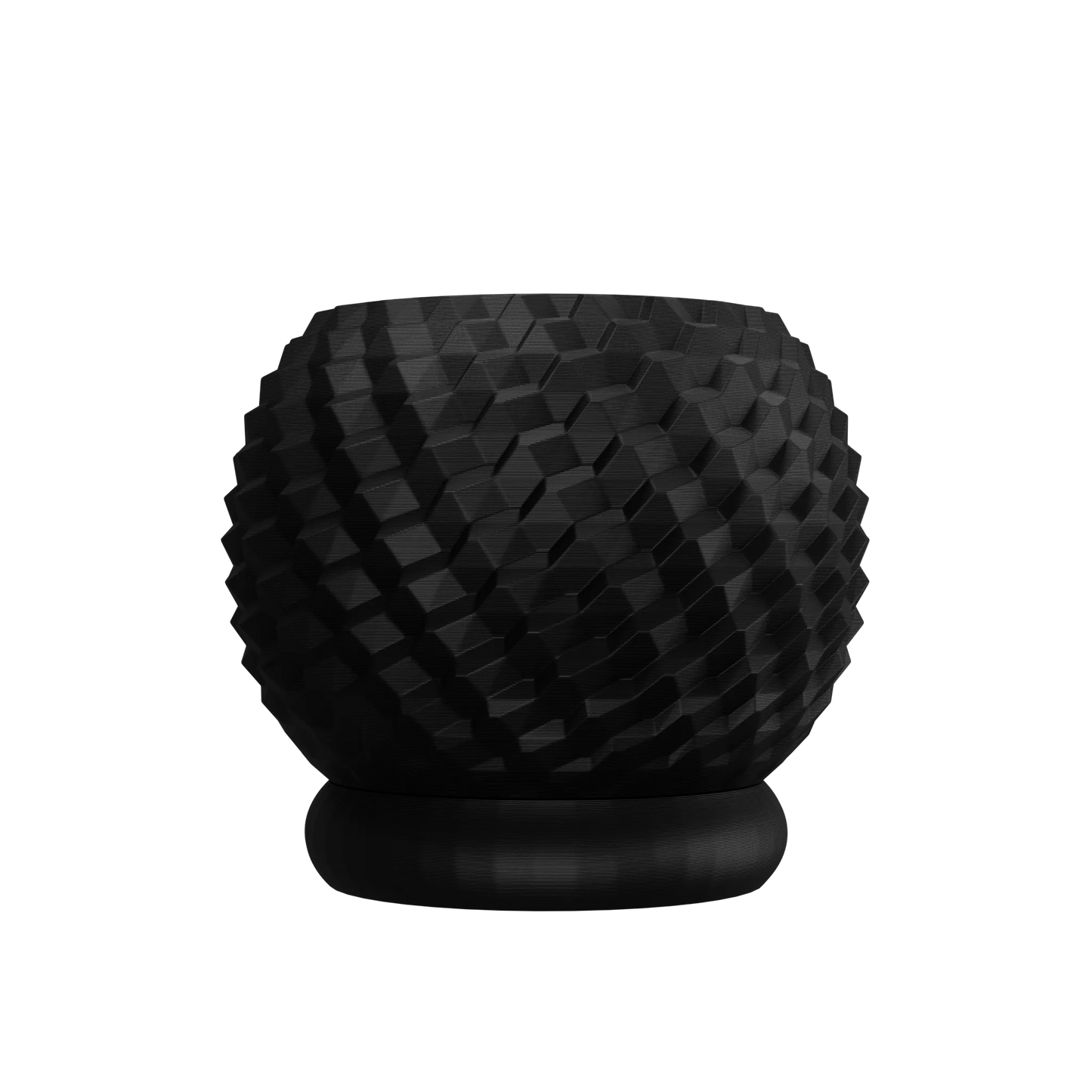 Pot décoratif noir mat avec texture géométrique en relief sur toute la surface, forme arrondie posée sur un socle circulaire