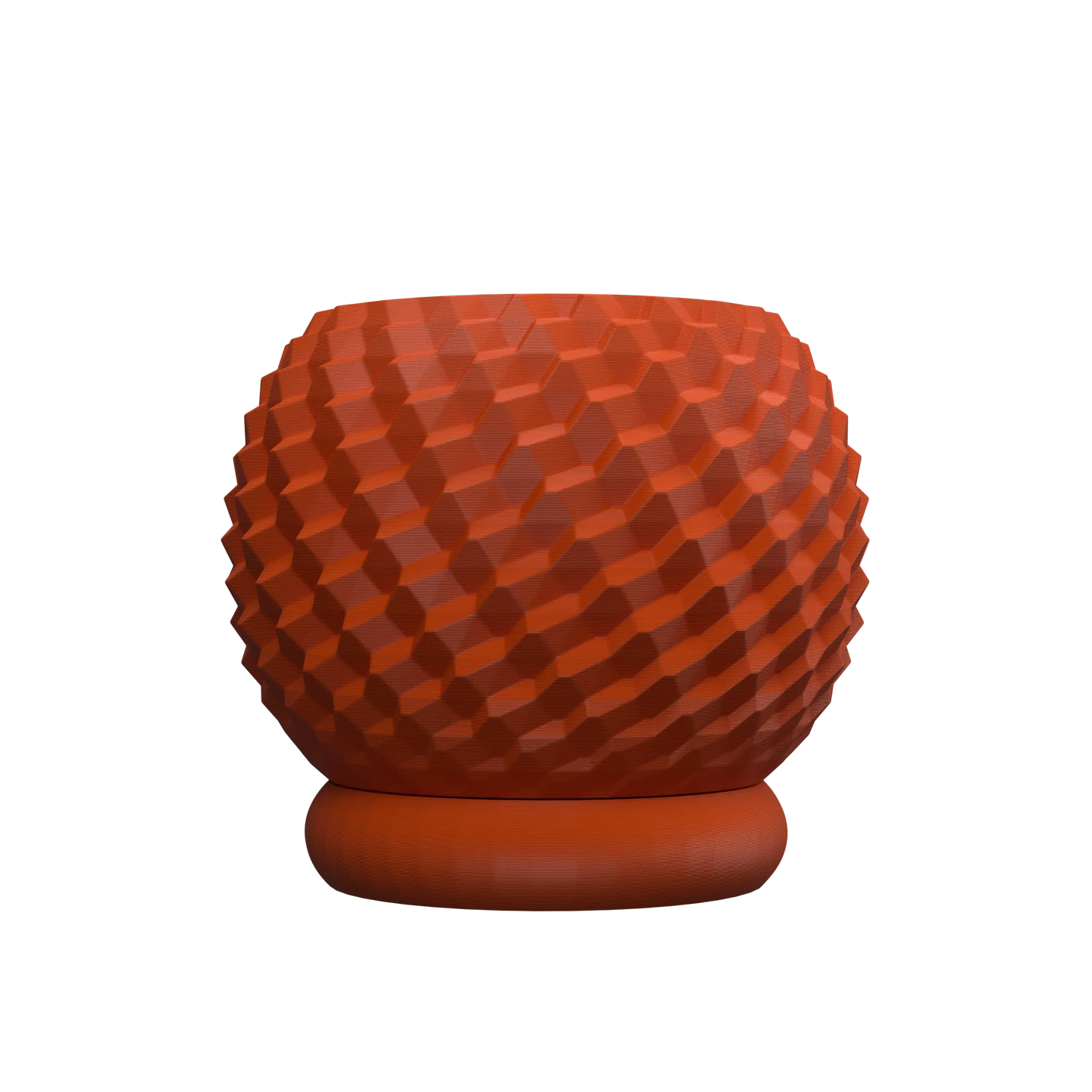 Pot décoratif rond en terracotta, avec texture géométrique en relief et base plate stable.