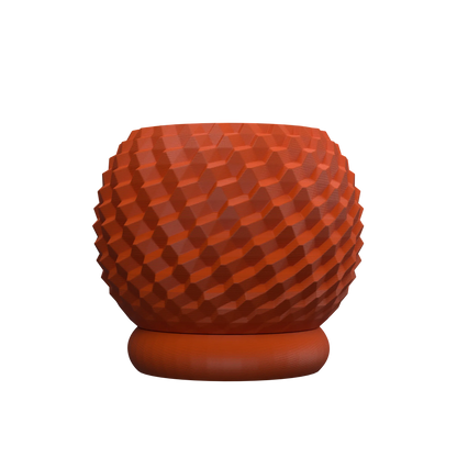 Pot décoratif rond en terracotta, avec texture géométrique en relief et base plate stable.